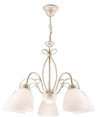 Licht-Erlebnisse Rustikale Hängelampe LIRLIN Shabby Weiß Metall Glas 5-flammig E27 Pendelleuchte Esstisch Wohnzimmer