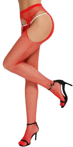 RSLOVE Mujeres Sexy Medias de Red Sparkle Rhinestone Malla Medias de cintura alta Pantyhose Lencería Rojo Una Talla