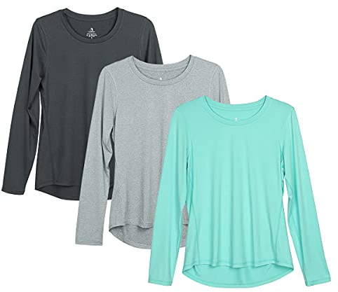 icyzone Long Sleeve Workout Shirts for Women - 3 Pack Athletic T Shirt, Running Exercise Sports Tops (M, Black Melange/Grey/Ice Green)