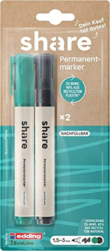 share by edding EcoLine Permanent Marker 2er Set – Marker Set spendet eine Unterrichtsstunde für ein Schulkind – wasserfeste Stifte für fast alle Materialien – grün/schwarz