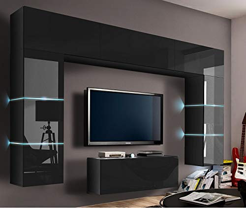 Furnitech Wohnwand Wohnzimmer | Wohnzimmer Möbel mit LED RGB - 16 Farben | Hängend Wohnwand Modern | Wohnzimmer Schrankwand mit Regale und TV Schrank (Future 70/HG/B/1 1A)