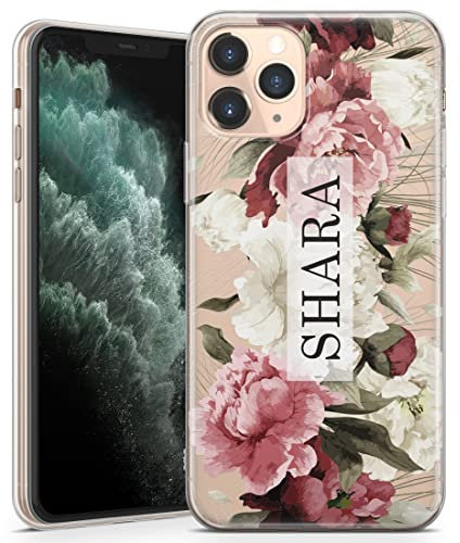 TULLUN Personalised Phone Case for iPhone 13 Mini - Clear Soft Gel TPU Custom Cover Beautiful Peonies Design Summer Mood Style Your Own Text - Signature Name