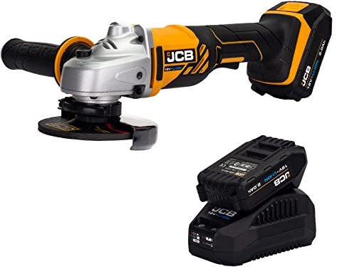 JCB 18V Cordless Angle Grinder, 2X 2.0ah Li-ion Batteries, Fast Charger, Anti-Vibration & 3 Position Handle, Tool-Free Adjustable Guard, 3 Year Warranty