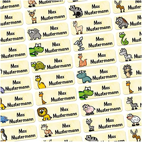 60 Stück personalisierte Namensaufkleber für Schulsache. Für Kinder Schule und Kindergarten zum Markieren von Gegenständen (Tiere Comic) Maße 4,8x1,6cm