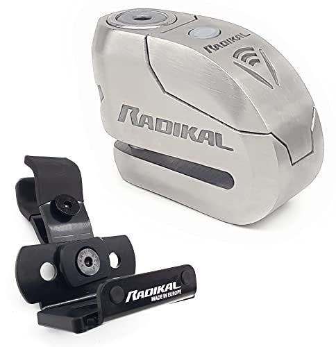 RADIKAL RK14S Lucchetto Antifurto Moto Bloccadisco Sonoro Allarme 120 Db, Warning Pre-Allarme, Omologato SRA & RK402 Supporto antifurto RK10 e RK14S per Il Fissaggio a Tubi o Viti