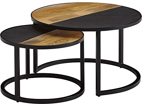 Wohnling Couchtisch 2er Set Mango Massivholz/Stein-Optik Sofatisch Rund Modern, Design Beistelltisch 2-teilig, Runde Wohnzimmertische, Holztisch Satztische Metall