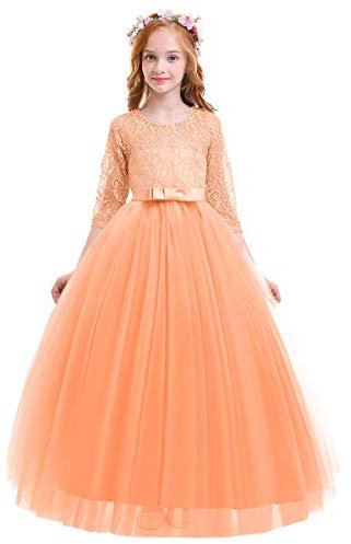 IWEMEK Enfants Fille Robe de Carnaval Princesse Longue en Dentelle avec Bowknot Demoiselle d'honneur Robe de Soirée Mariage Robe de Première Communion Anniversaire Fête 22 Rose Orange 13-14 Ans
