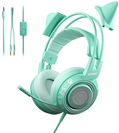 SOMiC G951S Green Gaming Headset with Microphone for PS4, PS5, Xbox One, PC, Cat Ear Headphones Over Ear with in-Line Mic Control, Stereo Sound for Girls, Woman
