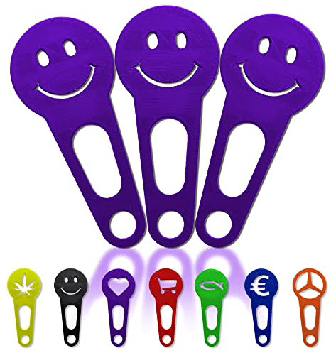OnAir 3 x Einkaufswagenlöser zum abnehmen als Schlüsselanhänger; Einkaufswagenchip sofort abziehbar 3 Stück im Set; Handmade (Violett, Happy Face)