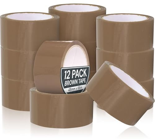 Coselena 12 Pack Brown Tape - 48mm x 66m Heavy Duty Sticky Packaging Roll - Easy to Use Brown Parcel Tape - Ideal Packing Tape for Dispenser, Gun & Cardboard Boxes for Moving