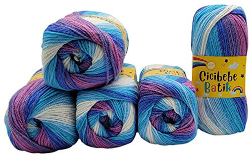 5 x 100 g Strickgarn Cicibebe Batik mehrfarbig mit Farbverlauf, 500 Gramm Strickwolle bunt, Farbverlaufsgarn (lila flieder türkis weiss 550-60)