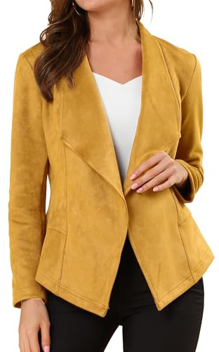 Allegra K Giacca da donna in finta pelle scamosciata con risvolto aperto sul davanti, drappeggiato, Senape, L