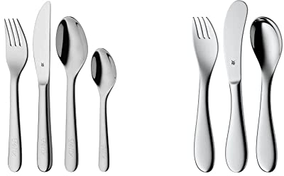 WMF Kinderbesteck Set Gravurbesteck, 4-teilig, ab 3 Jahre & Knuddel Kinderbesteck Mini 3-teilig, für 1-3 Jahren, Cromargan Edelstahl poliert, Gravurgeschenk, spülmaschinengeeignet