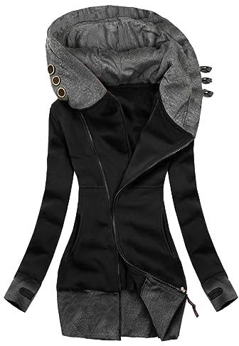 Sweatjacke Damen Lang Baumwolle Kapuzenjacke Casual Langarm Sweatshirt mit Kapuze Jacke Warm Gefüttert Hoodie Herbst Winter Elegant Fleecejacke Reißverschluss Farbblock Übergangsjacke (XL, Schwarz)