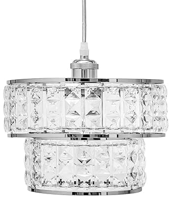 Innoteck Acrylic Drum 2 Tier Ceiling Pendant Light Shade - Modern Sparkly Lampshade with Chrome Finish, E27 to B22 Adaptor Included - Ideal for Living Room, Bedroom, Café, Office Decor