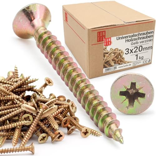 LUN FIX Vite universale, 3,0 x 20 mm, 1 kg (1660 pezzi), con impronta a croce PZ2, testa piatta, viti per legno, zincate in giallo, viti multiuso, viti a croce