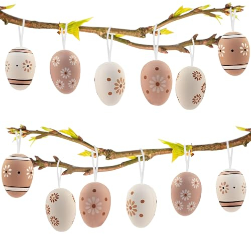 KIKVTER Ostereier zum Aufhängen, 12 Stück Osterdeko mit Tollen, Deko Ostereier mit Schnur zum Aufhängen, Ostereier Plastik, Dekorative Eier Osterdekoration, Ostereier für Innen und Außen Osterdeko