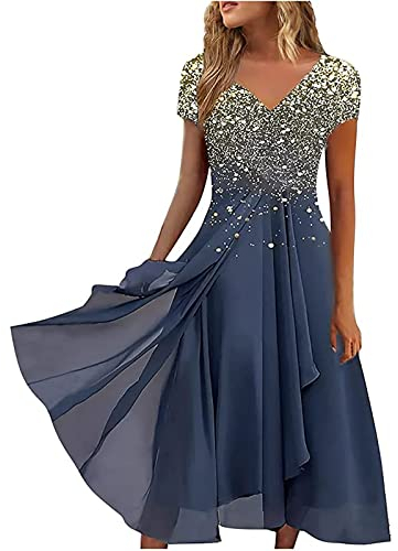 Damen Sommerkleid Elegant Kleid Sexy Kleider Schlank Maxikleid Sommer Chiffon Sommerkleider Rundhals Partykleid High Waist Cocktailkleid Festliche Kurzarm Solide Glitzerkleid