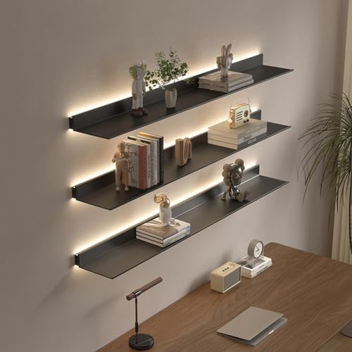 Schwebende Regale zur Wandmontage, lichtemittierende Wandregale aus Metall mit integriertem beleuchtetem LED-Licht für Bar-Arbeitsplatte im Badezimmer, 1 Stück,Schwarz,90x23cm