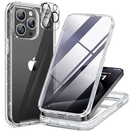 Miracase Glass Case for iPhone 15 Pro Max Case 6.7-Inch, Full Body Bumper Clear Back Cover and Built-in 9H Tempered Glass Screen Protector + Camera Lens Protector (Clear Glitter)