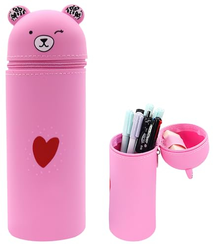 WOKICOR Kawaii Federmäppchen Pencil Case Rosa | Stifteköcher & Schlampermäppchen Mädchen Teenager | Bär Hase Weichem Silikon | Niedliches Bleistifthalter 2-in-1 | Kawaii Cartoon Schulmaterial (Rosa)