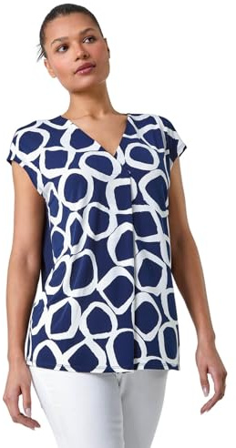 Roman Originals Women Pleated Vest Tank Top Ladies Sleeveless Blouse Shirt Tunic Summer Autumn Holiday V-Neck Work Office Cocktail Party Special Occassion Going Out - Navy White - Size 12