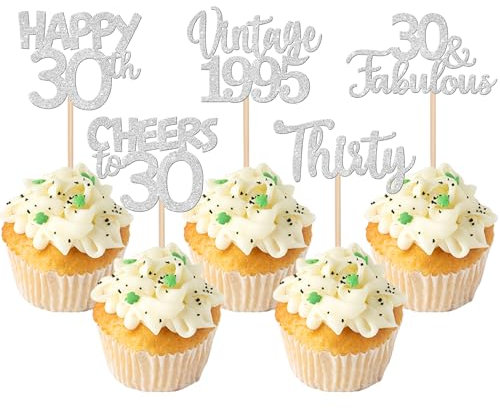 30 Stück Vintage 1995 Cupcake Toppers Glitzer Happy 30th Geburtstag Tortendeko Cheers to 30 Fabulous Thirty Kuchen Deko für 30th Geburtstag Hochzeit Jahrestag Party Silber