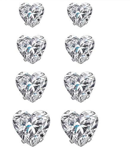 JewelryWe Herz Magnet Ohrringe für Damen: 4 Paar Set 5-8mm Herzförmig Zirkonia Edelstahl Magnetische Ohrstecker Magnetohrringe Non-Piercing Fake Plug Tunnel Ohrclips Ohne Loch Silber