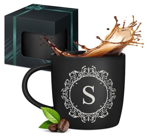 Maverton Keramik Kaffeetasse 400ml mit Gravur - personalisierter Kaffeebecher aus Matt Keramik mit Henkel - Trinkbecher für Männer zum Geburtstag zu Weihnachten - matt schwarz - Innen schwarz - Kreis