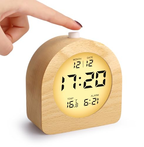 VFANDV Wecker Digital, Uhr Tischuhr Batteriebetrieben Wecker Holz Digital mit LCD Temperaturanzeige Datumsanzeige und Schlummerfunktion Alarm Clock für Schlafzimmer Schreibtisch Reisen