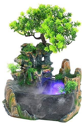 Indoor Tabletop Fountains, Rockery Water Waterfall Plants Desktop Fountain Atomizing Humidifier Fountain Home Office Desktop Decorations Automatic Pump with Power Switch