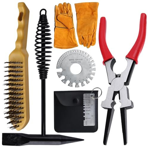 SPEEDWOX 6PCS Welding Slag Removal Tool Sets MIG Welding Pliers Sets Scratch Wire Brush Welding Hammers Slag Removal Tool with Metal Sheet Thickness Gauges Welding Gloves Wire Gauge