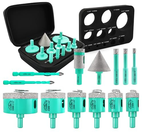 LEKOMESH Tile Hole Saw Kit - (6/8/10/25/28/32/35/45/65mm+20mm Drilling Milling Bit+50mm Chamfer Bit+6/6mm Tile Drill Bits) Diamond Drill Bits for Porcelain Ceramic Marble Brick Granite,Triangle Shank