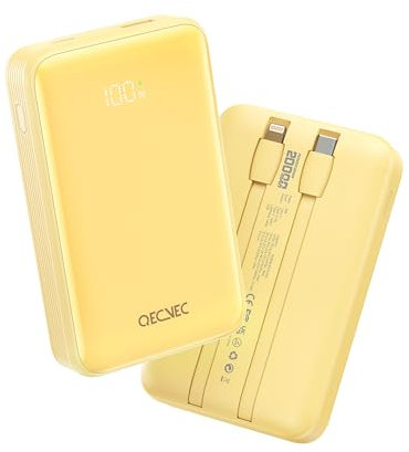 Qecvec Power Bank,Portable Charger 20000mAh with 2 Built-in Cables, 22.5w Fast Charging Battery Pack, LED Display Backup Battery, Travel Battery Pack for iPad, iphone Samsung and More (Yellow)