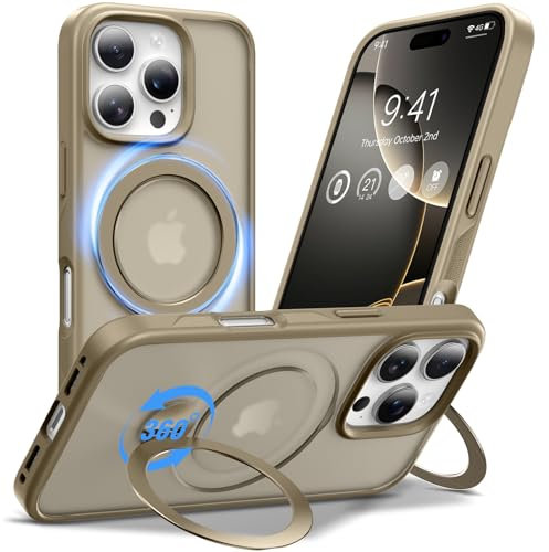 Anqrp 360° ALL-in-ONE Stand Case for iPhone 16 Pro Case with Rotatable Magnetic KickStand Ring Holder, Compatible with MagSafe, Shockproof Translucent Phone Cover for iPhone 16 Pro 6.3 inch, Gold