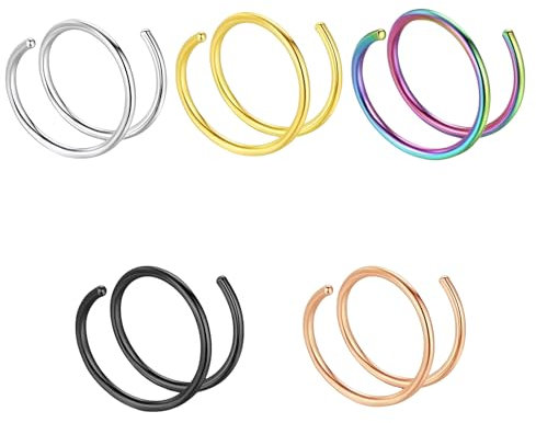 PacuM Anillo Piercing Nariz 5 Piezas 8 mm Anillos de Nariz Aro Nariz Anillos Aro Pendientes anillo Perforación Tabique nasal clip Anillo de Nariz Doble 316L Acero Quirúrgico Septum Piercing unisexo