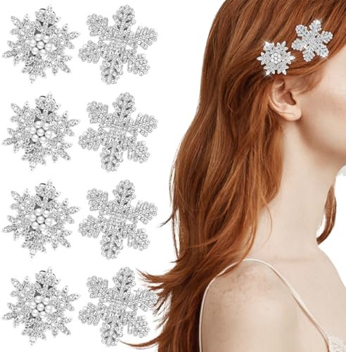 8 Stück Weihnachten Schneeflocke Haarschmuck, Weihnachten Haarspangen mit Glitzer Strasssteinen Silber Schneeflocke Haarschmuck für Frauen Damen Braut Hochzeit Party Winter