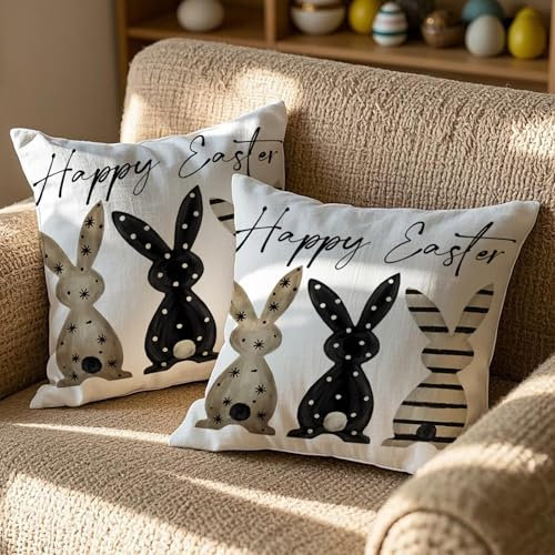 Vorysum 2er Set Ostern Kissenbezug 40x40 cm Kaninchen Osterdeko Sofakissen Ostereier Kissenbezüge Schwarz Kissen Frühling Sommer Happy Easter Kissenbezug Deko Urlaubsparty Picknick Outdoor Garten