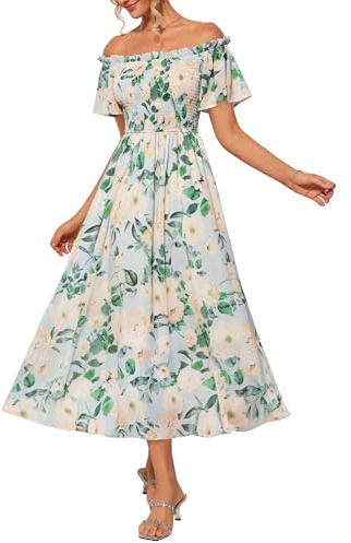 GRACE KARIN Women Summer Off-Shoulder Floral Maxi Dress Casual Short Sleeve A-Line Smocked Dress for Women UK Green Flower XL