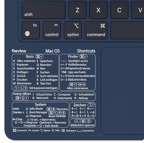 Devino® Shortcuts Aufkleber Mac OS für 13“-16“ MacBook Pro Air M1 M2 / Intel Transparent (Ventura/Monterey/Big Sur/Catalina/Mojave) Sticker Deutsch (10, Transparent Weiß)