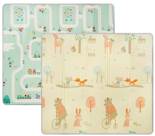 Krabbelmatte Baby, Spielmatte Baby Faltbar, 180 × 200 cm, 1,5 cm Dick, Wasserdicht, Mit Aufbewahrungstasche, Spielteppich Krabbeldecke für Baby Innen Außen, Zug & Bär auf Fahrrad