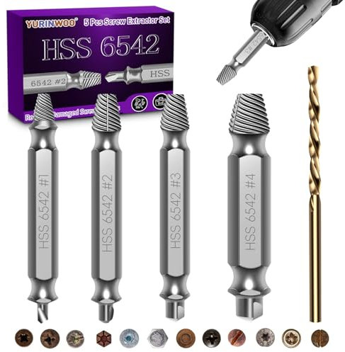 5PCS Damaged Screw Extractor Set, Upgraded Model HSS 6542, Hardness is 63-65HRC, Screw Grab Screw Removal Tool, Adult Gifts for Men, General bit Set Double Ended for Damaged Broken Stripped Screws