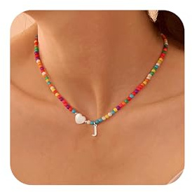 LIHELEI Buchstabenketten für Damen, Bunte Perlenanhänger Buchstaben-Halskette Versilberter Boho-Anhänger mit Herzförmiger Muschel Ostergeschenk – A