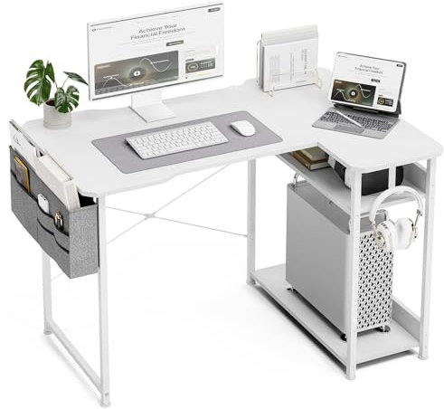 Acrolix L Shaped Gaming Desk, 100x70CM Computer Desk with Storage Bag, Anti-Fall Shelves, Reversible PC Desk Writing Workstation Small Corner Desk for Gamer Work Home Office, White