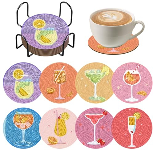 KUHAWL 8 st diamantmålningsunderlägg med hållare, diamantmålning för cocktailglas, DIY diamantmålningsunderlägg för koppar, vinglas och vaser, diamantmålning för hem och kök