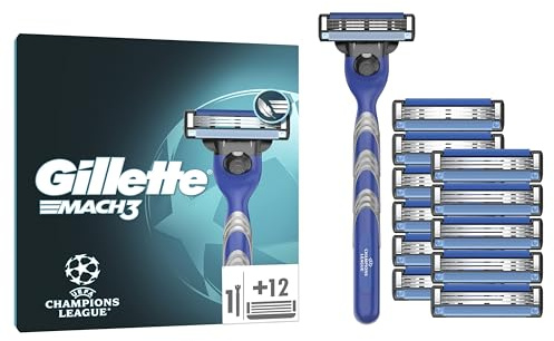 Gillette Mach3 Standard Rasierer für Männer UEFA Champions League Special Edition, 1 Rasierer, 12 Ersatzklingen, Mit Gleitstreifen und Klingenbeschichtung, inkl. Reiseschutzkappe
