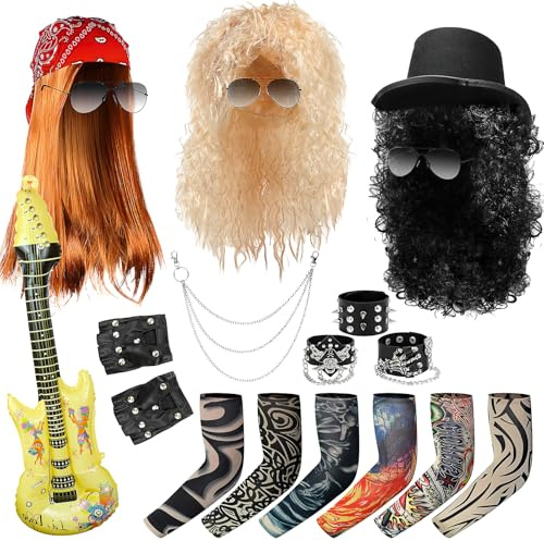 20 Stück 80er Jahre Outfit Herren, Rocker Kostüm Set mit Perücken, Tattoo-Ärmeln, Sonnenbrillen, Handschuhen, Gitarren, Ketten, Halstuch, Jahre Accessoires für Karneval 70er 80er 90er Mottoparty