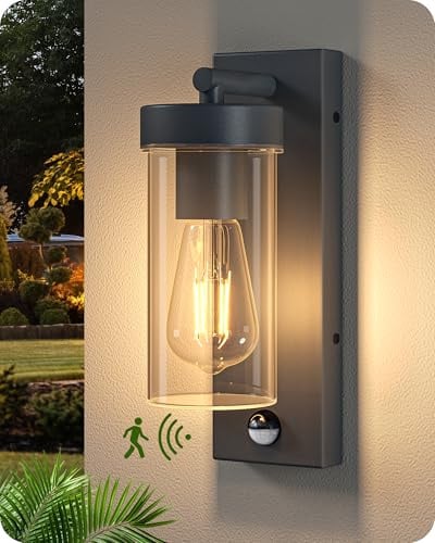 EDISHINE Außenwandleuchte mit Bewegungsmelder, Aluminium, Moderne Wandlampe mit Dämmerungssensor, E27 Fassung, IP44 Wasserdicht für Haustür, Terrasse, Garage, Anthrazit