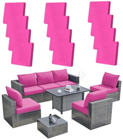 Hiseng Lot de 8/12/14 Housses de Coussin d'extérieur Extensible pour Salon de Jardin, Couleurs Unies Housses de Coussin de Rechange Canapé Extérieur Meubles de Terrasse (Rose,12 pièces)