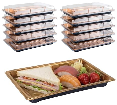 10 Pack Sandwich Platter Trays with Lids – Reusable Serving Tray with Lid, Small Plastic Catering Tray for Sweet Treat, Party Food, Mini Cake – Buffet Trays with Clear Lid (33 x 25.4 x 4.5 cm)